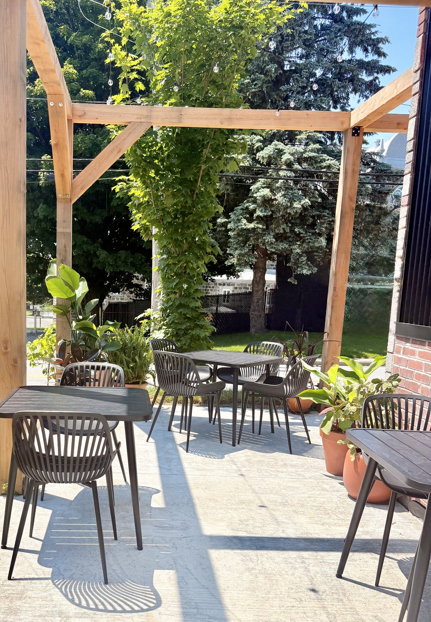 La terrasse sous sa pergola de bois, entourée de plantes